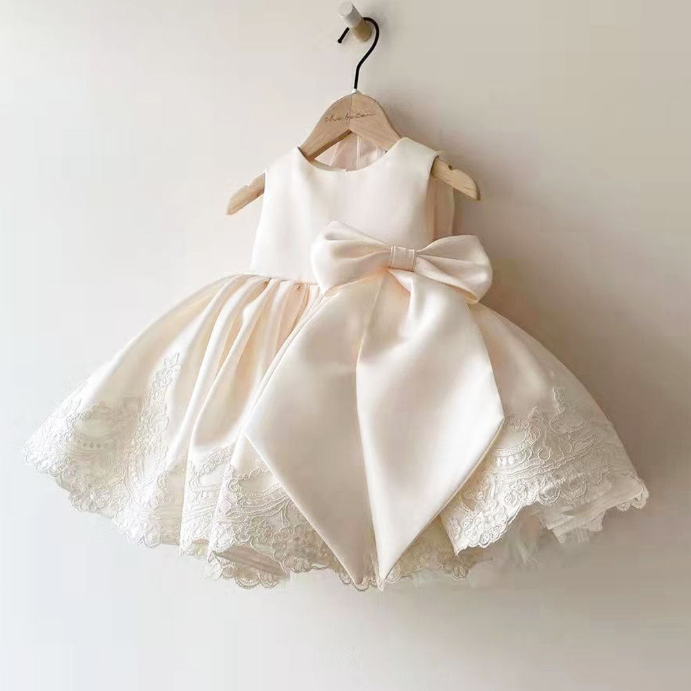 Abito da Cerimonia Bambina Avorio Gonna Ampia con Ricami e Fiocco