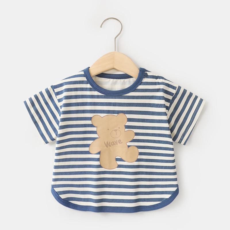 T-shirt Bimbo "Wave Bear" Righe Blu e Beige con Orsetto