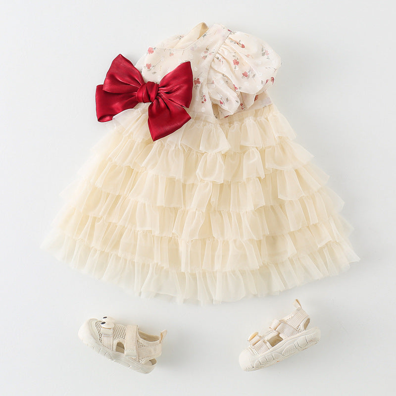 Vestito elegante in tulle crema con fiocco rosso – Abito cerimonia bambina