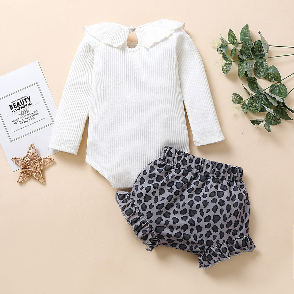 Completo Neonata Elegante Body a Costine con Colletto e Shorts Animalier