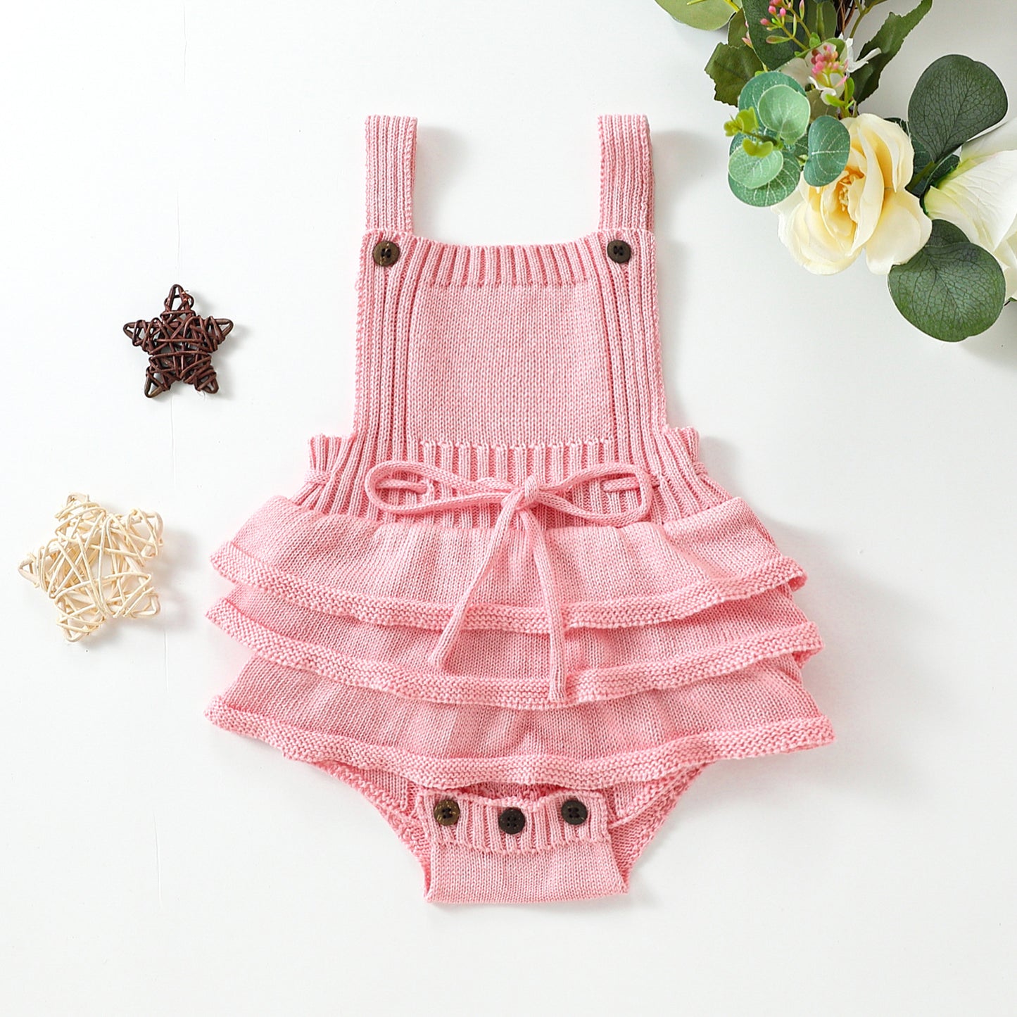 Salopette Neonato Maglia a Volant Beige e Rosa