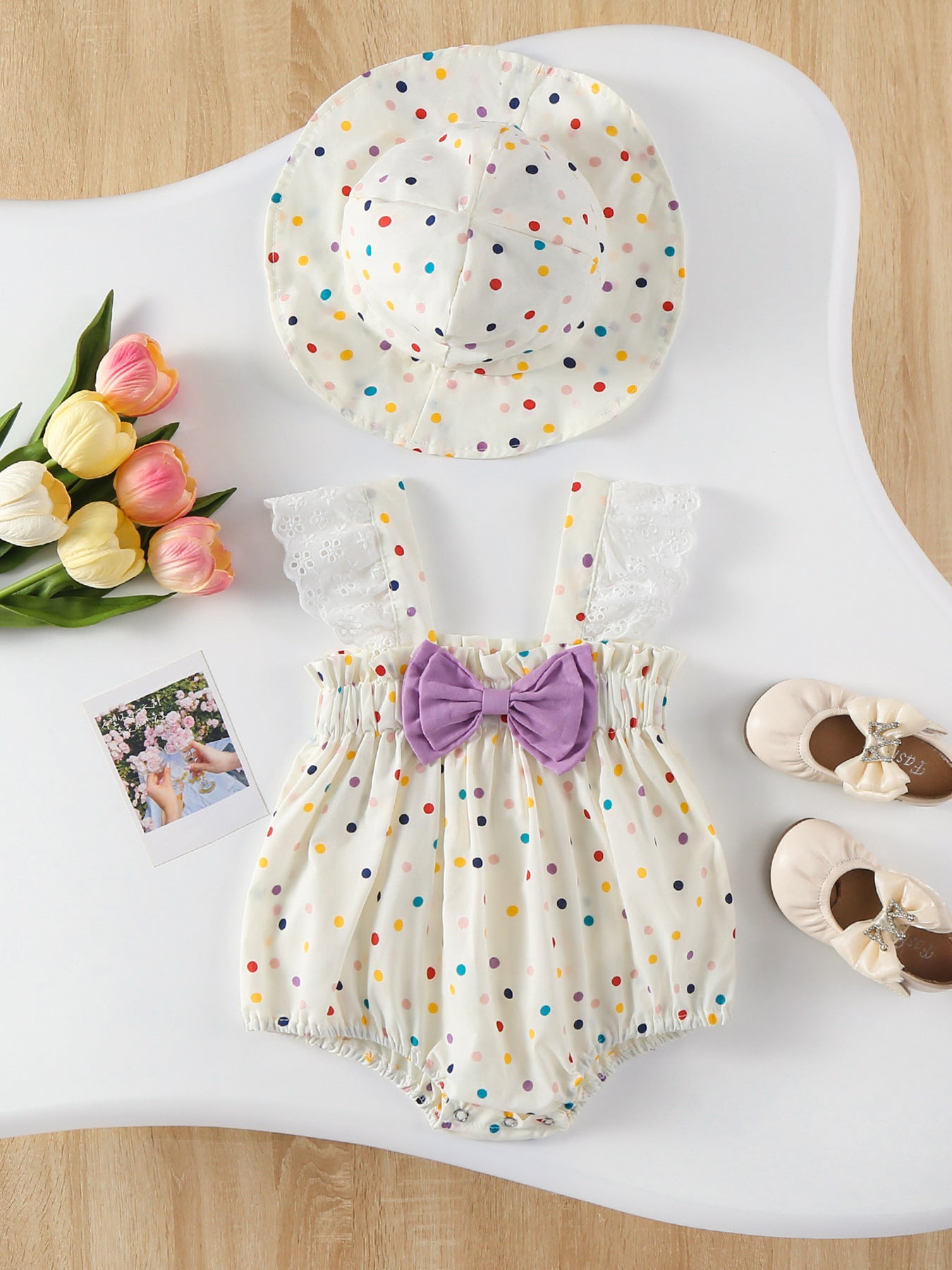 Pagliccetto Estivo per Neonata con Pois e Cappellino Coordinato