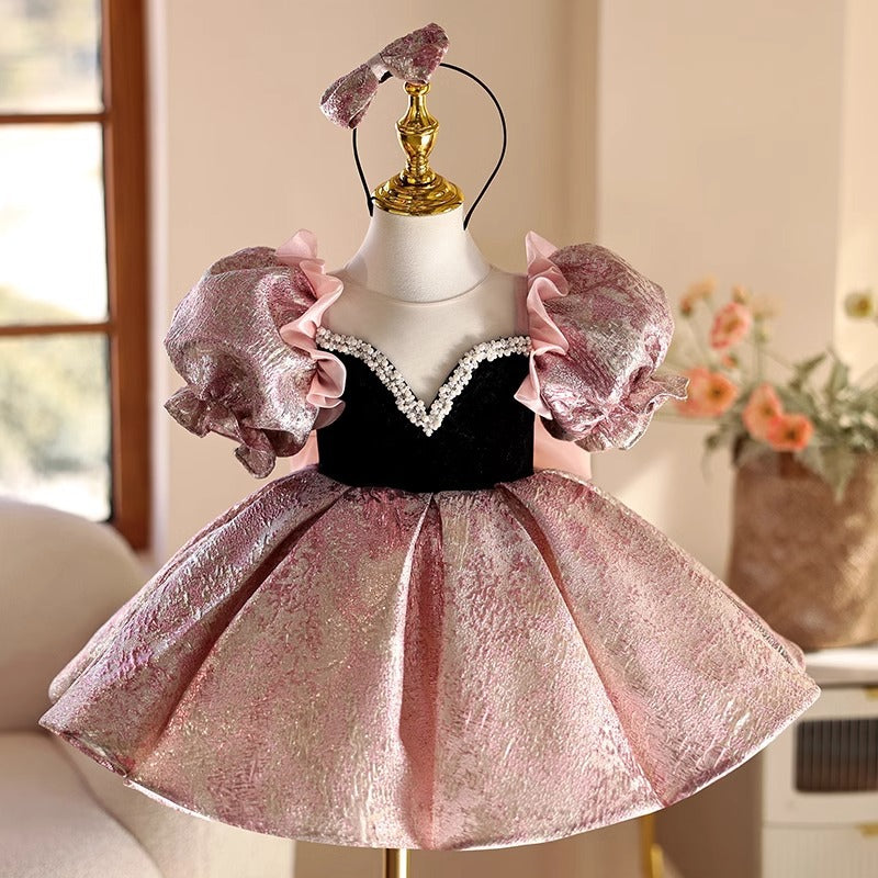 Abito da Cerimonia Bambina Principessa Rosa Lilla con Maniche Voluminose