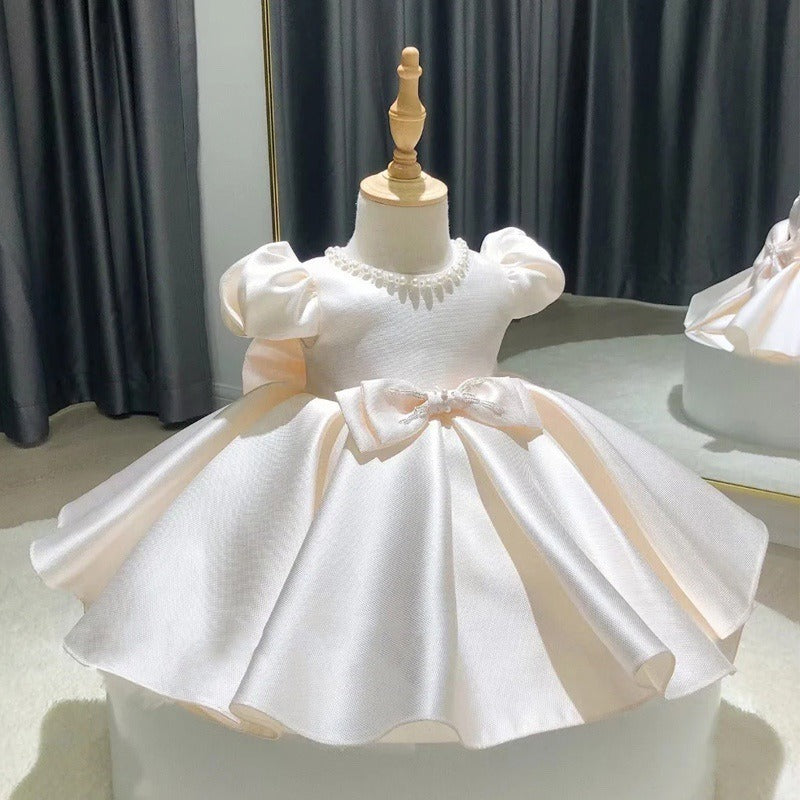 Abito cerimonia bambina Bianco perla con fiocco e dettagli in perle