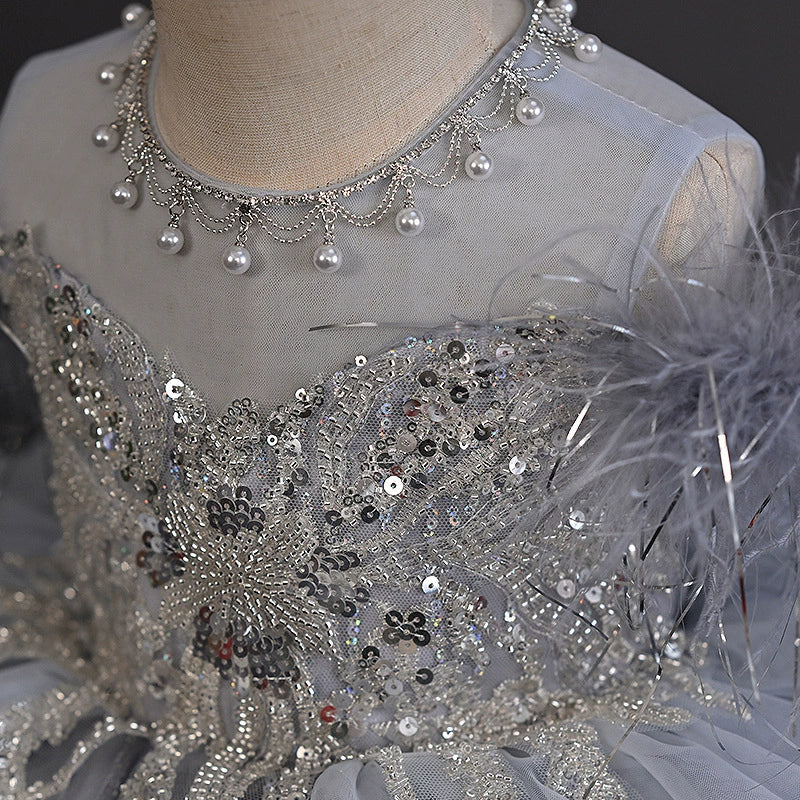 Abito da Cerimonia Bambina Argento – Con Paillettes e Piume