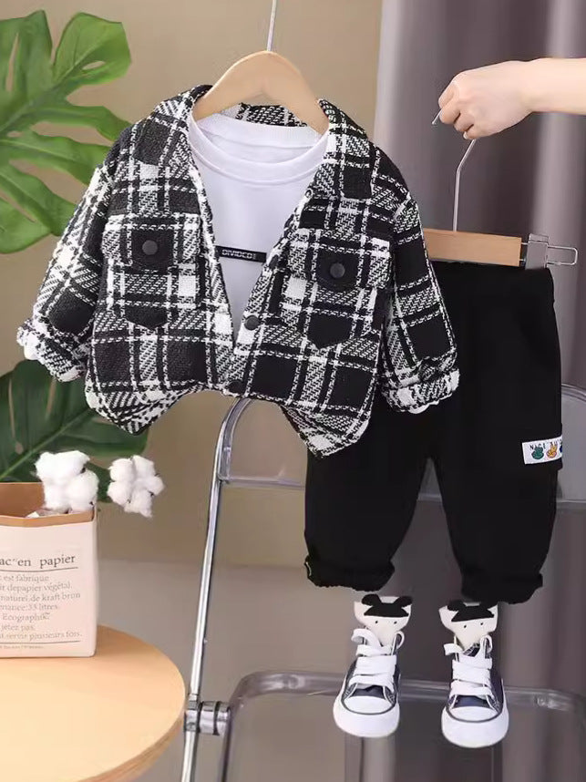 Completo Bambino 3 Pezzi Camicia a Quadri, T-shirt Bianca e Pantaloni Jogger