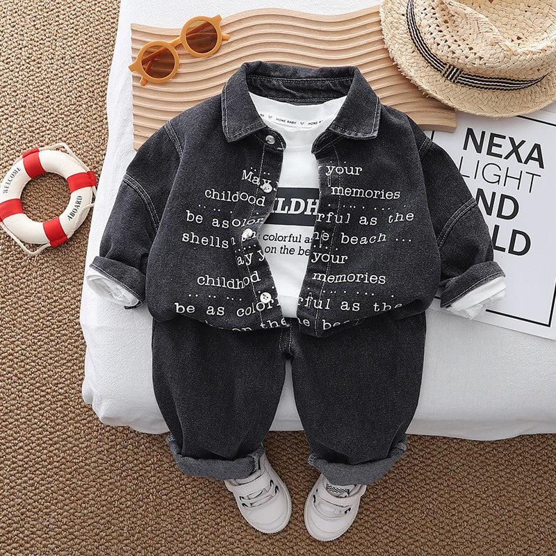 Completo Bimbo "Urban Memories" Giacca in Jeans Nero, T-shirt e Pantaloni
