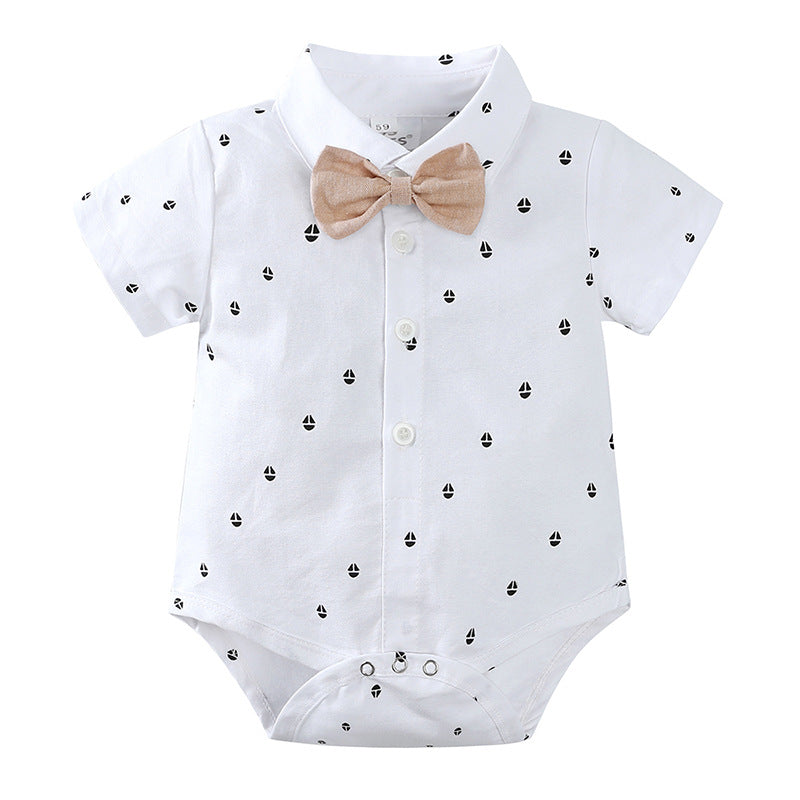 Completo Estivo Elegante Bimbo Camicia con Papillon, Shorts con Bretelle e Coppola