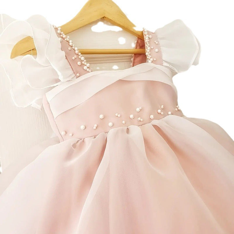 Abito Elegante da Cerimonia per Bambina Rosa Cipria con Perline