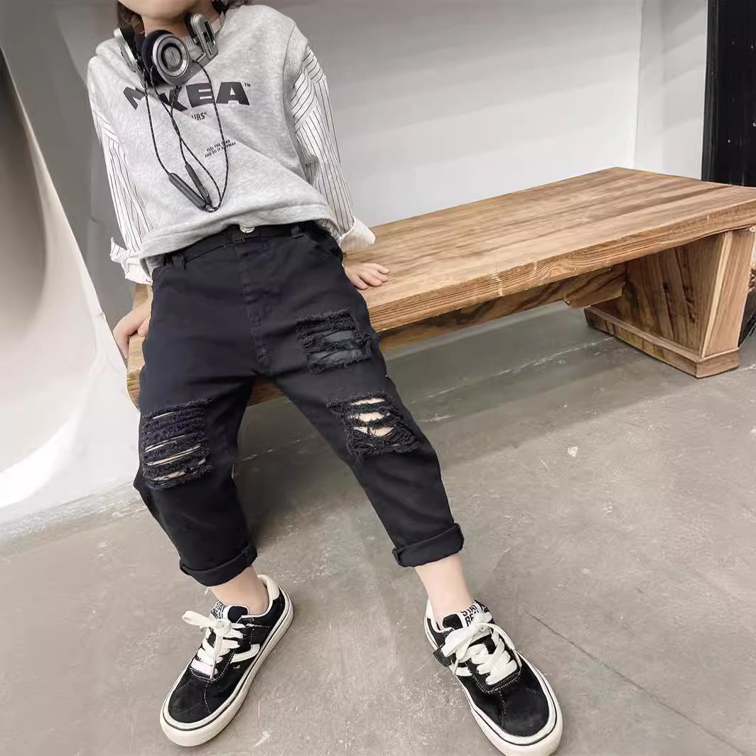 Jeans Strappati Bambino Stile Urban in Bianco e Nero