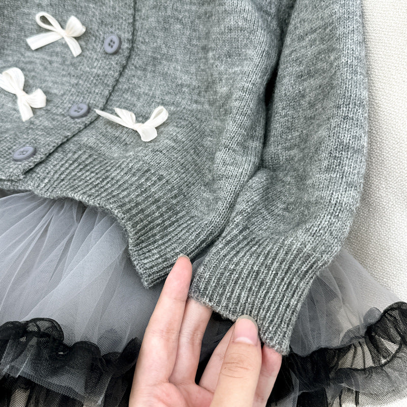 Completo Bimba Elegante Invernale Cardigan Grigio con Fiocchi e Gonna in Tulle