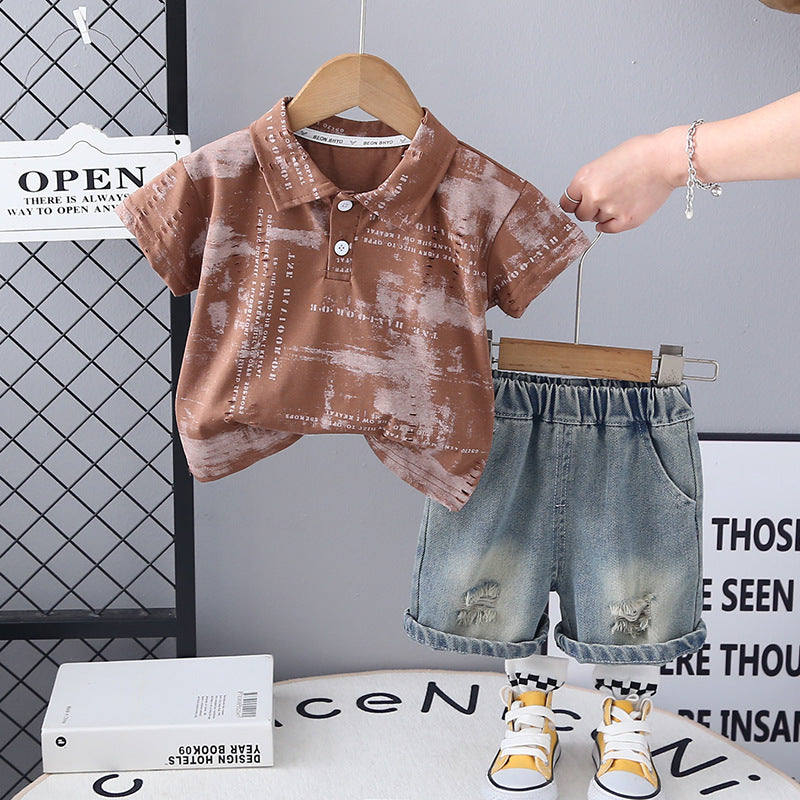 Completo Estivo Bimbo Polo Stampata e Shorts in Denim