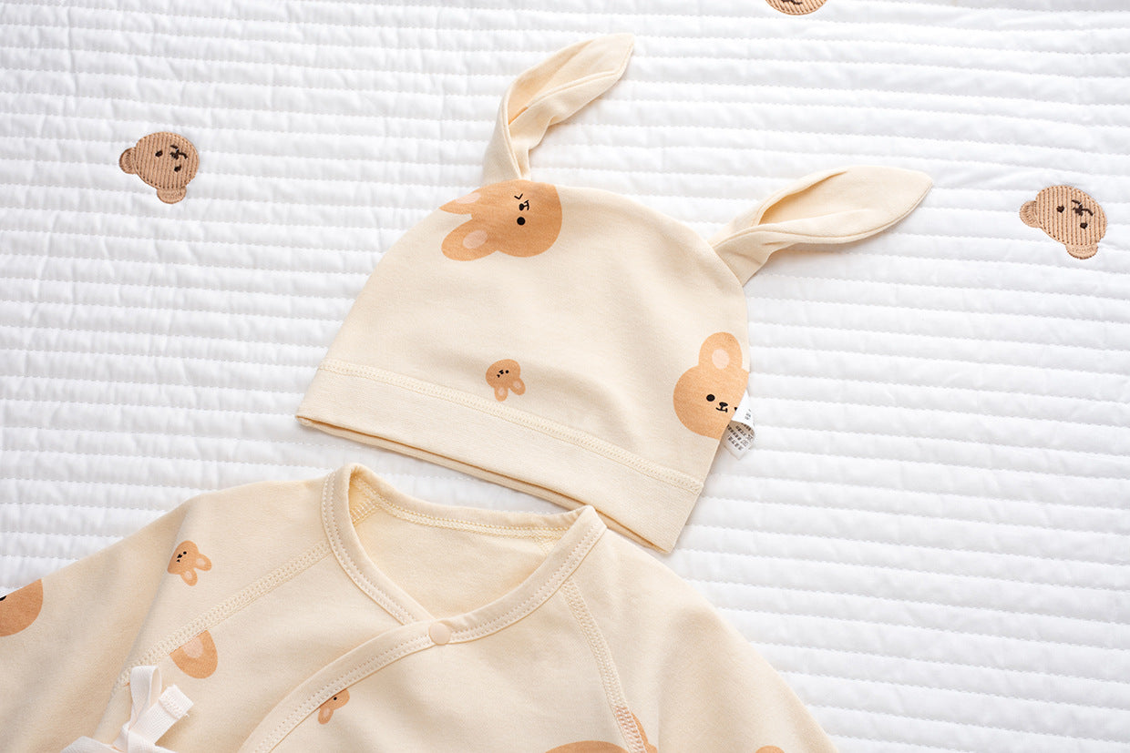 Coordinato Set Neutro Neonato/a Bimbo/ Bimba 3 pezzi – Coniglietti beige in cotone