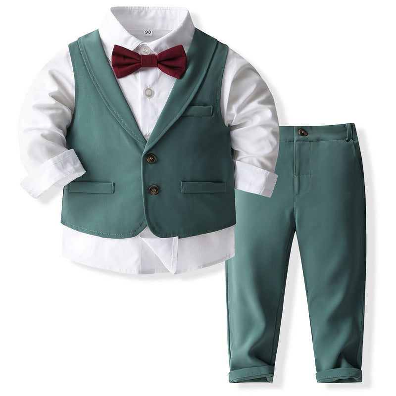 Completo Elegante 3 Pezzi Bambino Verde Smeraldo con Papillon Bordeaux