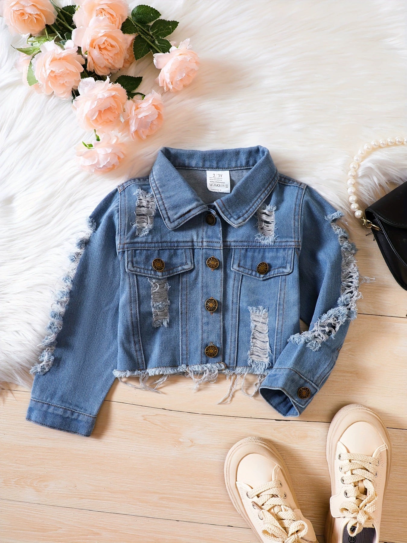 Giacca di Jeans Bambina Design Strappato con Orlo Sfilacciato