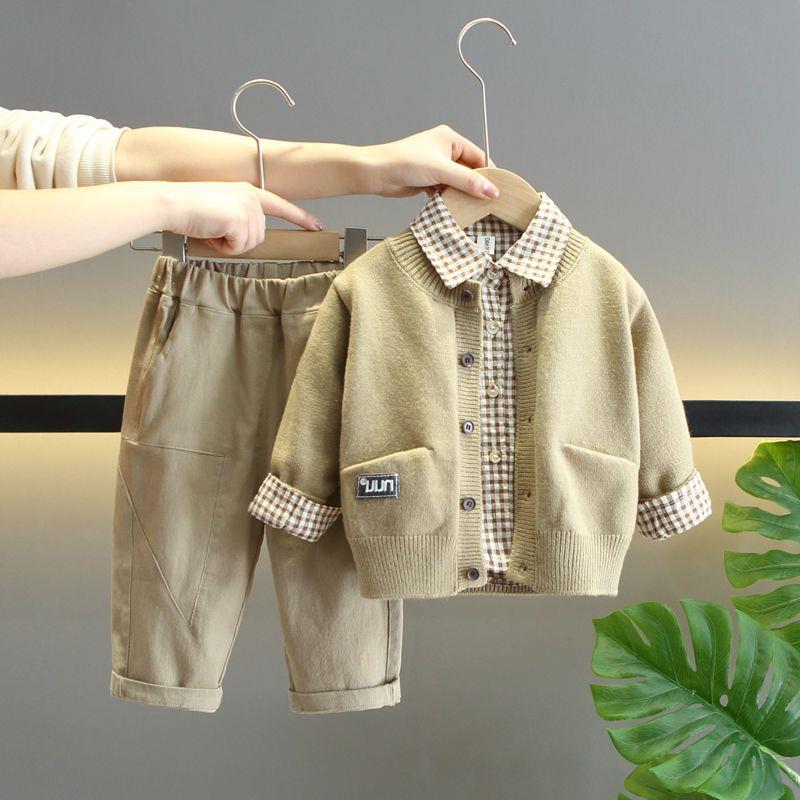 Completo Elegante Bambino 2 Pezzi Camicia a Quadri + Maglioncino + Pantaloni