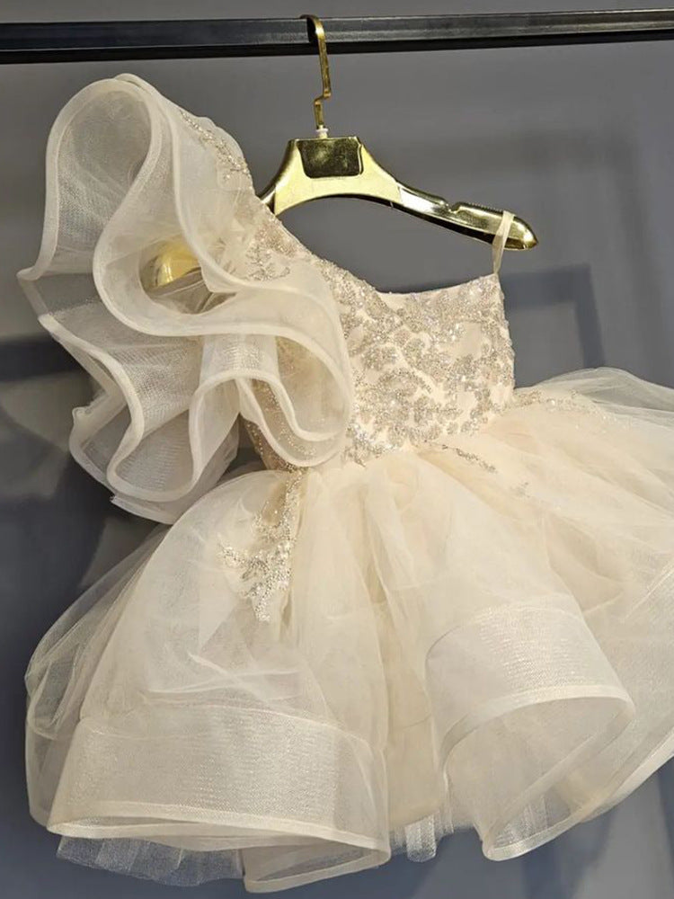 Abito da Cerimonia Bambina Avorio Monospalla con Ricami e Gonna in Tulle