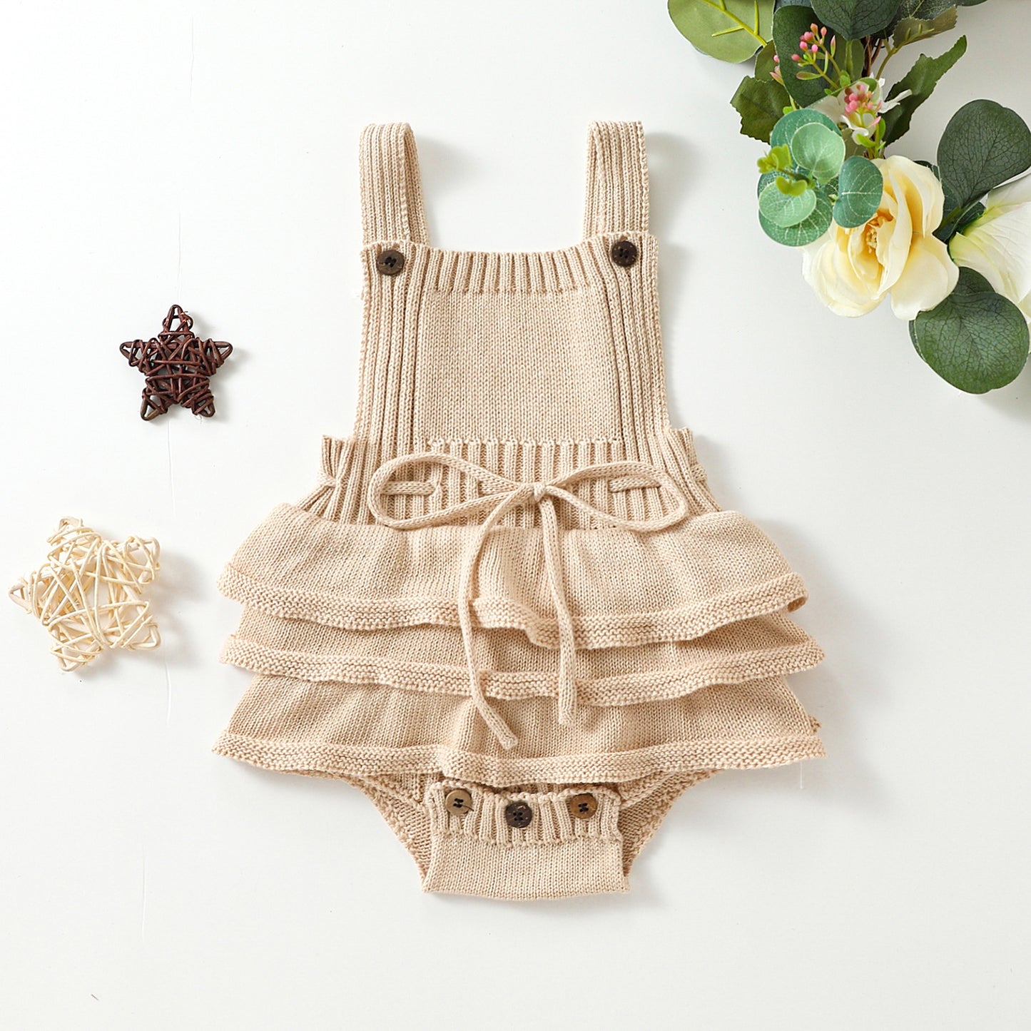 Salopette Neonato Maglia a Volant Beige e Rosa