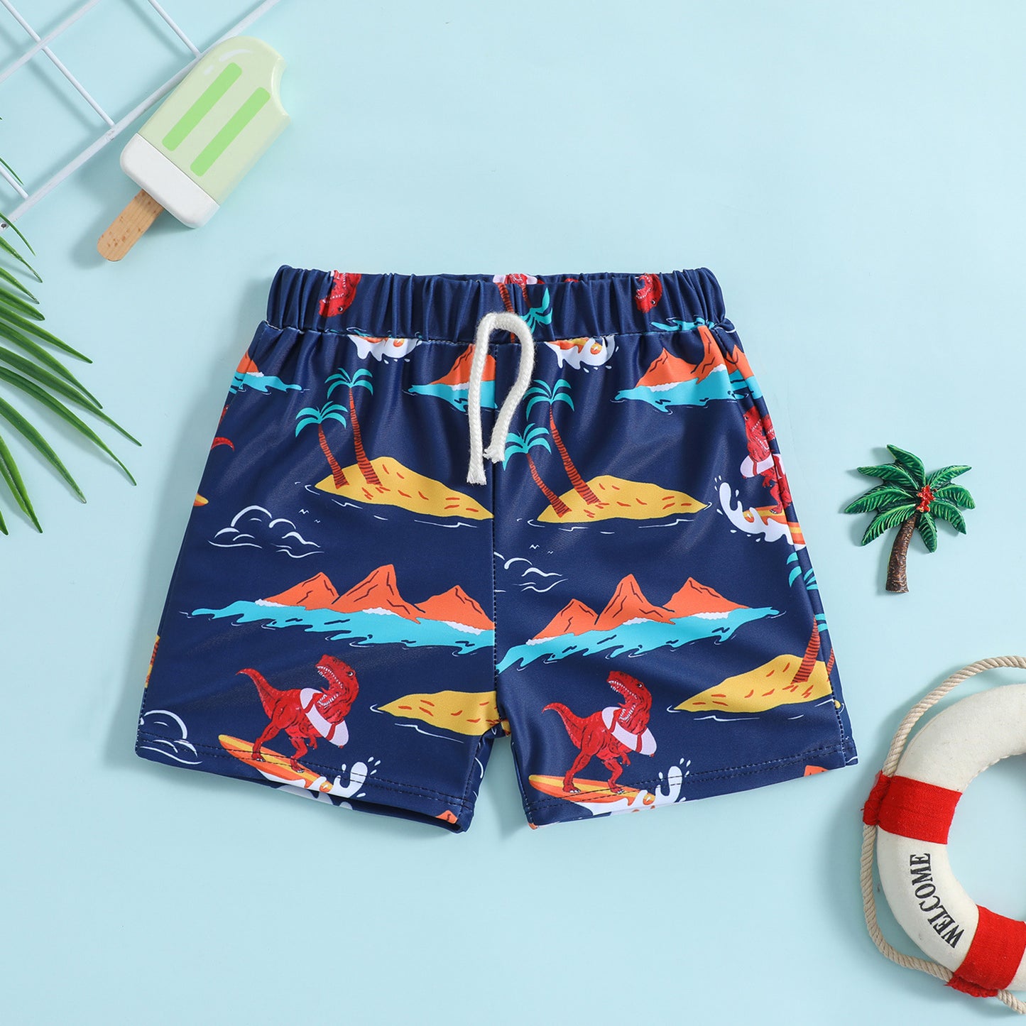 Boxer Mare Bimbo con Stampa Dinosauri Surfisti Blu Navy