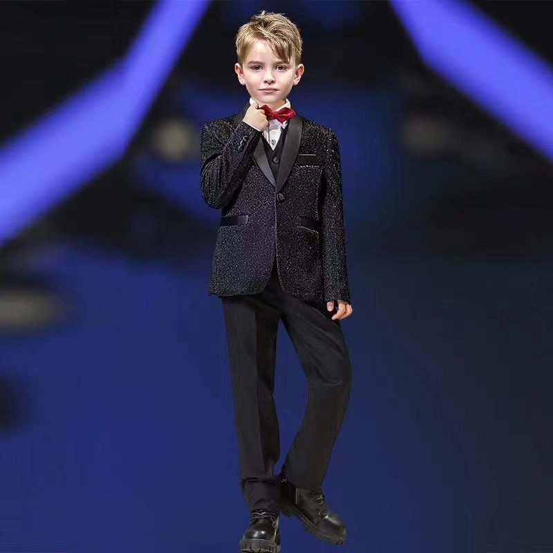 Completo Elegante Bambino 4 Pezzi Giacca Glitter Nera, Camicia, Pantalone e Papillon