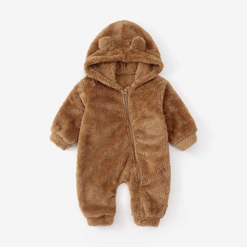 Tuta orsetto in pile con cappuccio e orecchiette – tutina invernale neonato unisex