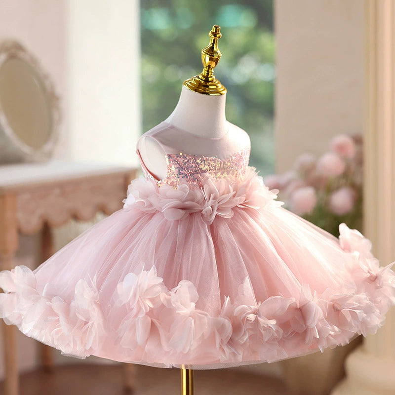 Abito Elegante da Cerimonia Bambina – Rosa con Fiori in Tulle