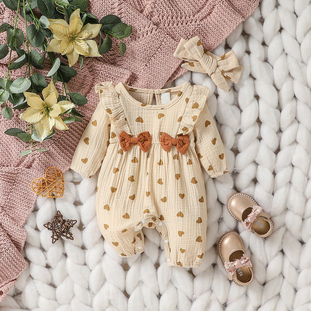 Tutina Neonata/ Bimba in Cotone con Cuoricini Fiocchi e fascia coordinata