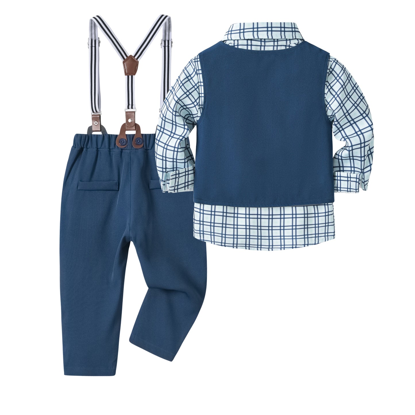 Completo Elegante Bambino 4 Pezzi Camicia a Quadri, Gilet Blu, Pantaloni e Bretelle
