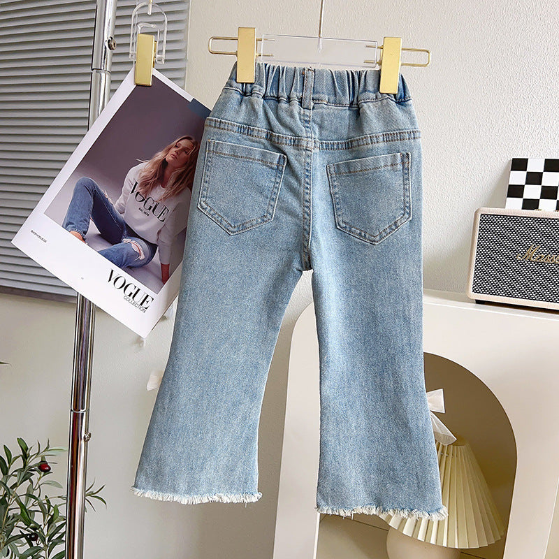 Jeans Bambina con Perle e Fiocchi in Tulle