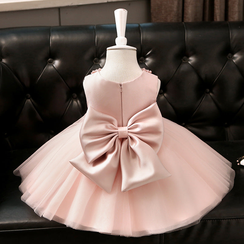 Abito Elegante Bambina Rosa Cipria con Gonna in Tulle e Colletto di Perle