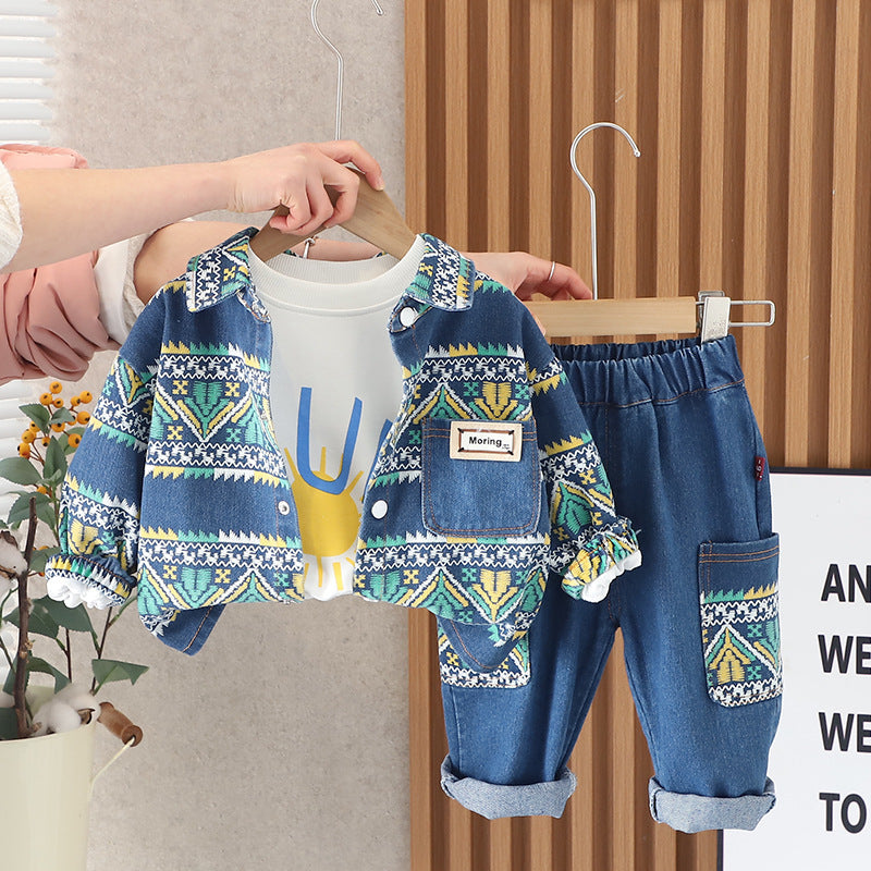 Completo Bimbo in Jeans con Stampa Etnica Giacca, T-shirt e Pantaloni