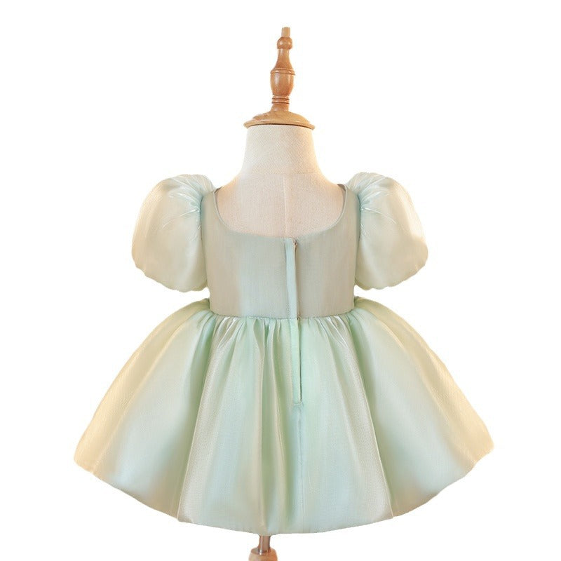 Abito cerimonia bambina Verde menta con maxi fiocco e perle