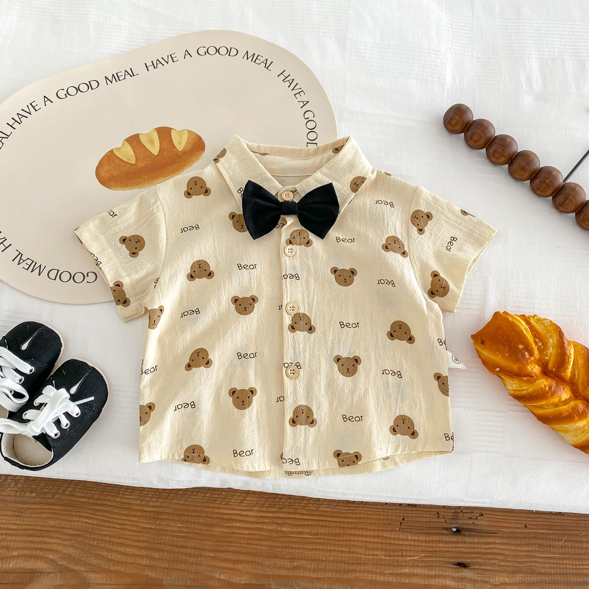 Completo estivo bimbo con camicia orsetti, papillon e pantaloncini neri