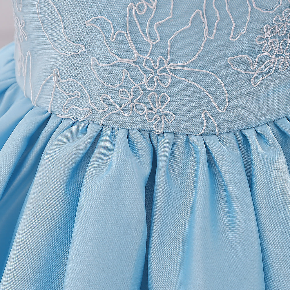 Abito Elegante Azzurro per Bambina con Maniche a Palloncino e Ricami
