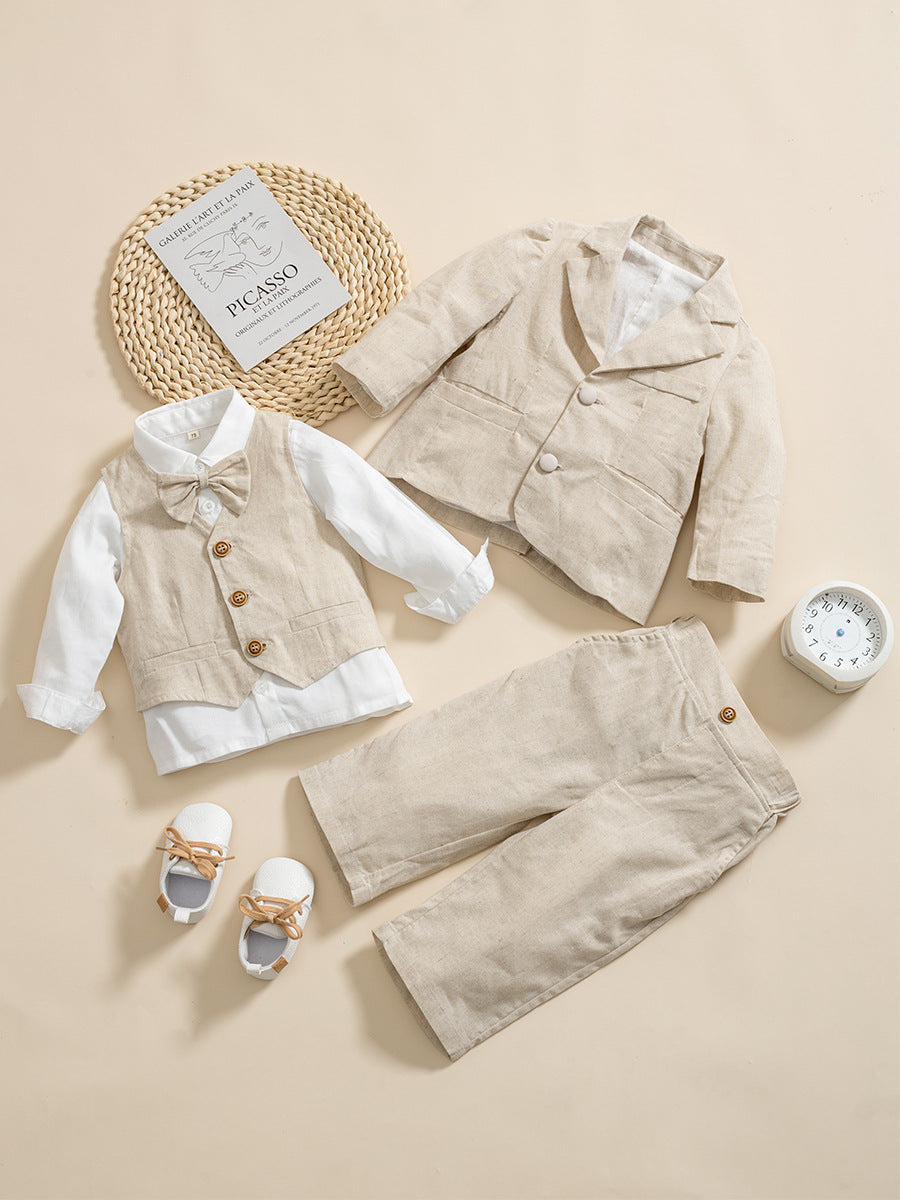 Completo elegante bambino 5 pezzi in lino Beige naturale