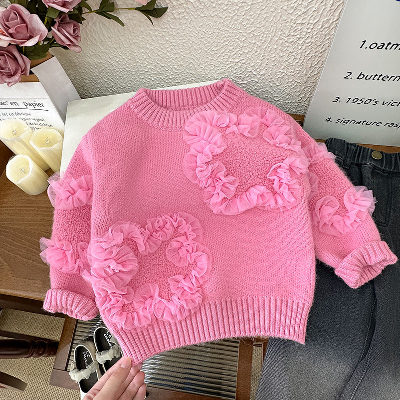 Completo Bambina Maglioncino Cuori in Tulle + Pantalone Svasato