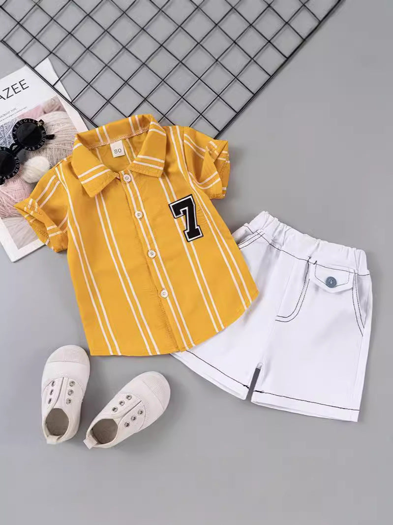 Completo Bambino Casual Estivo Camicia a Righe e Shorts Chiari