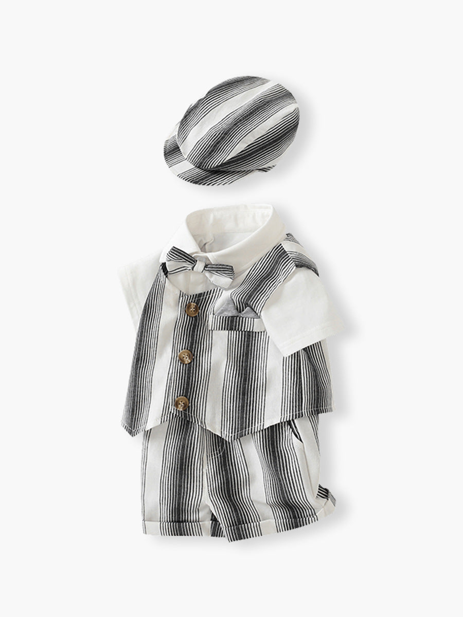 Completo Elegante Estivo Neonato Gilet, Camicia, Shorts e Coppola a Righe