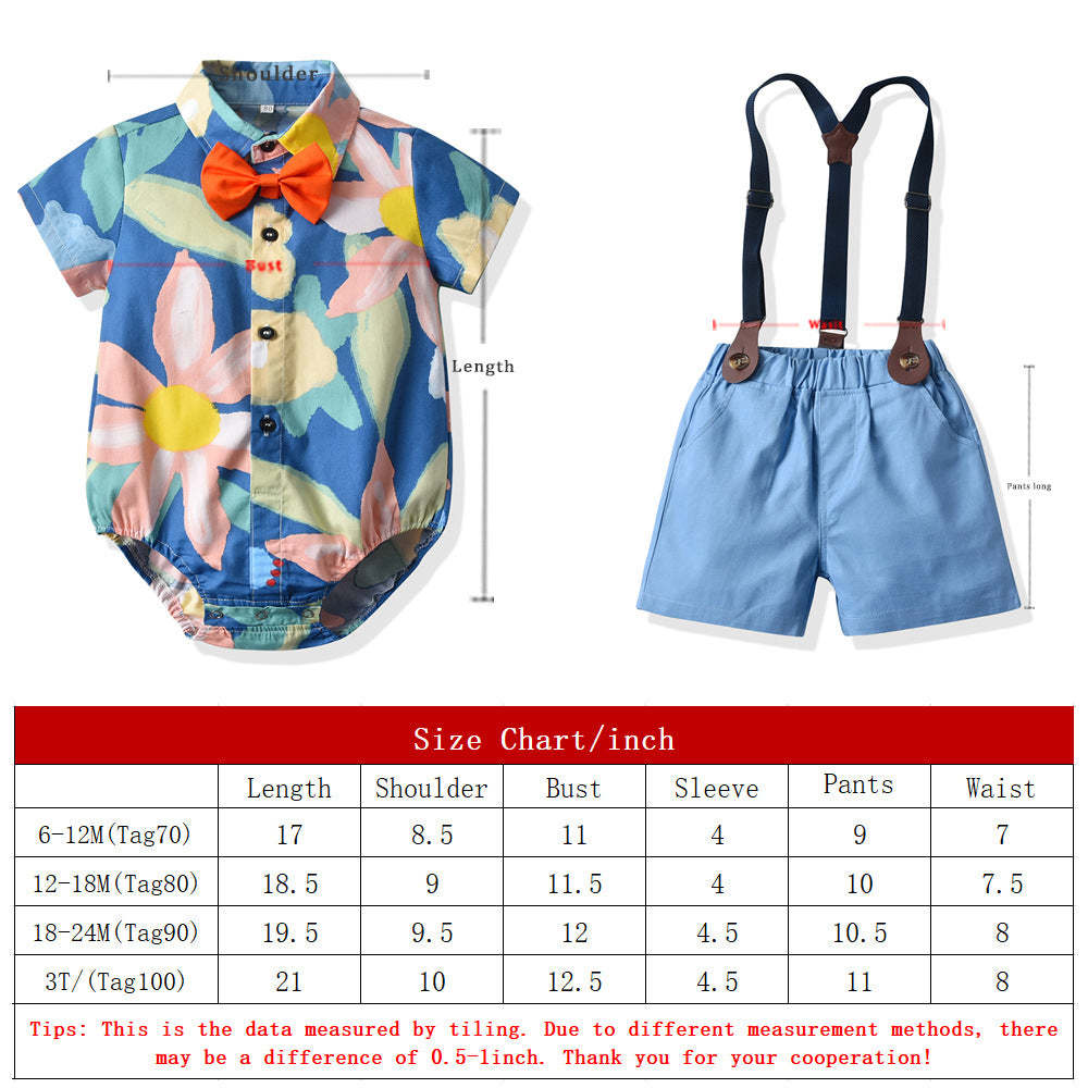 Completo Estivo 3 Pezzi per Bambino – Body Camicia Floreale, Pantaloncini con Bretelle e Papillon