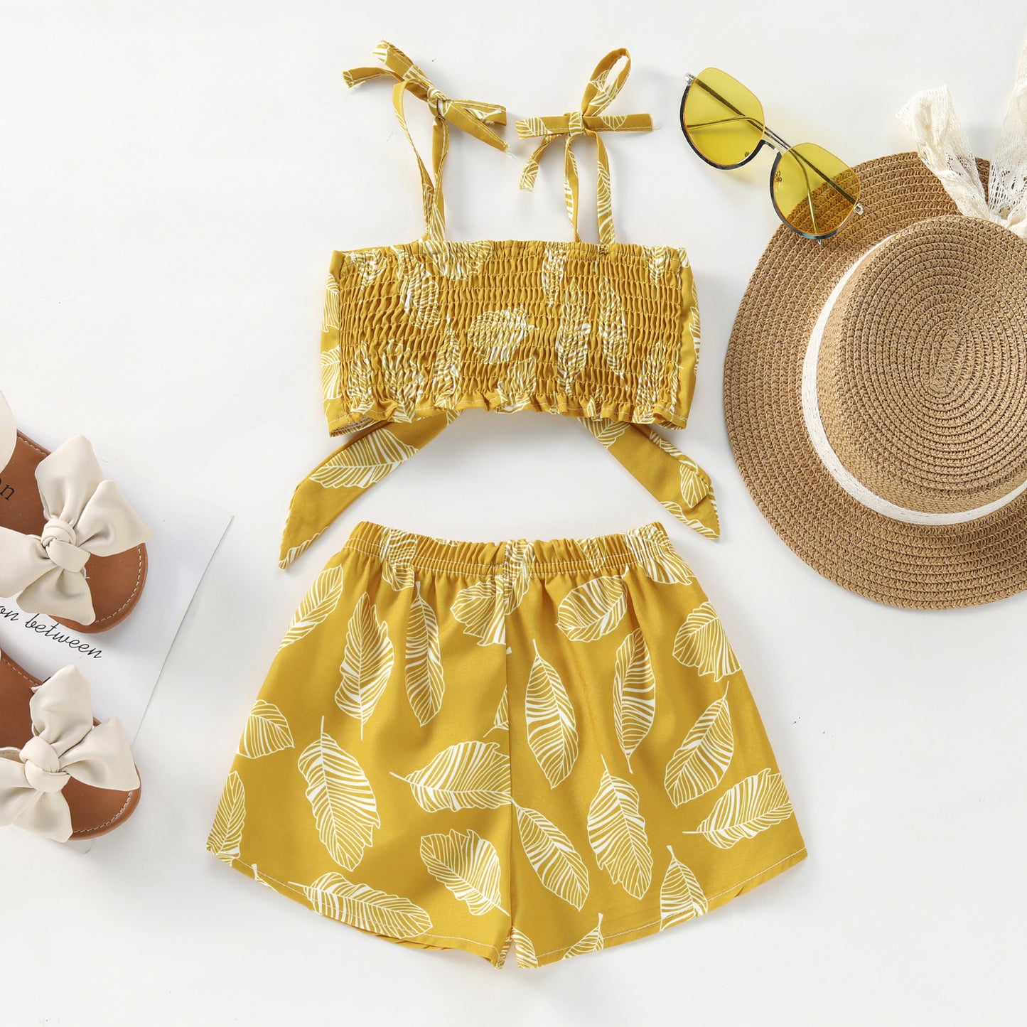 Completo estivo bambina 2 pezzi con stampa foglie tropicali