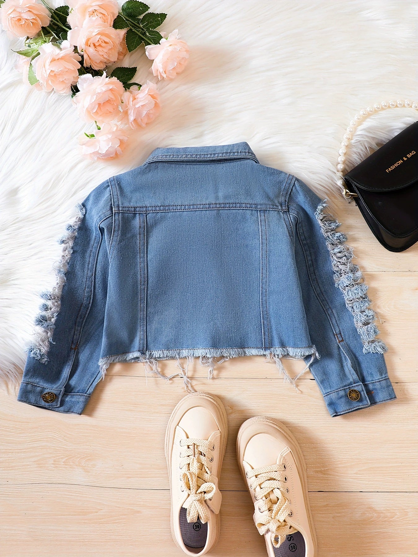Giacca di Jeans Bambina Design Strappato con Orlo Sfilacciato