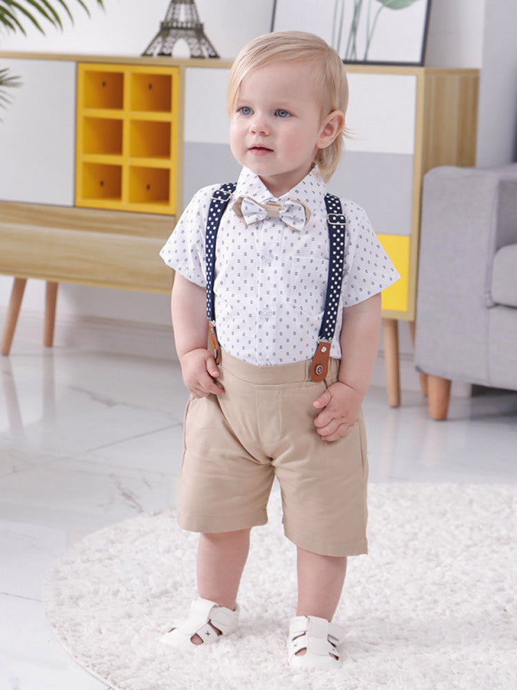 Completo Elegante bimbo Camicia con Papillon, Bretelle e Shorts