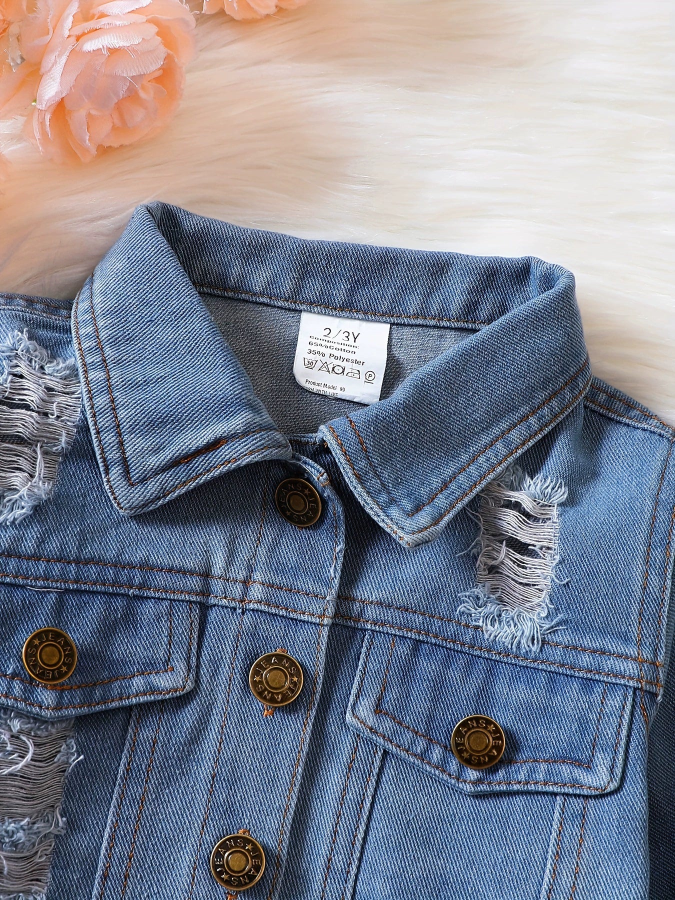 Giacca di Jeans Bambina Design Strappato con Orlo Sfilacciato