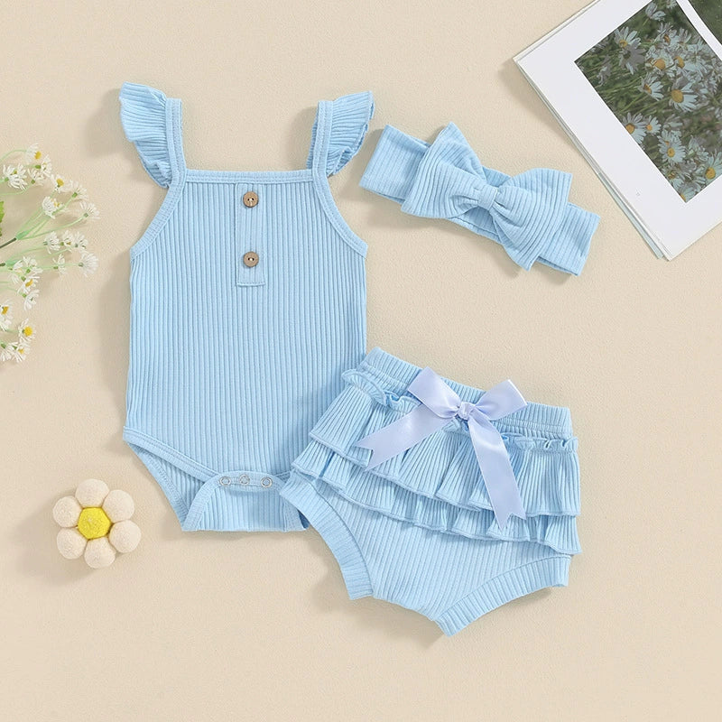 Completo Estivo Neonata/ Bimba 3 Pezzi con Body, Pantaloncini e Fascia