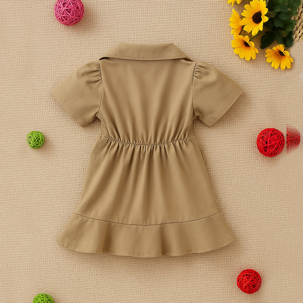 Vestito Bambina Stile Safari con Tasche e Bottoni