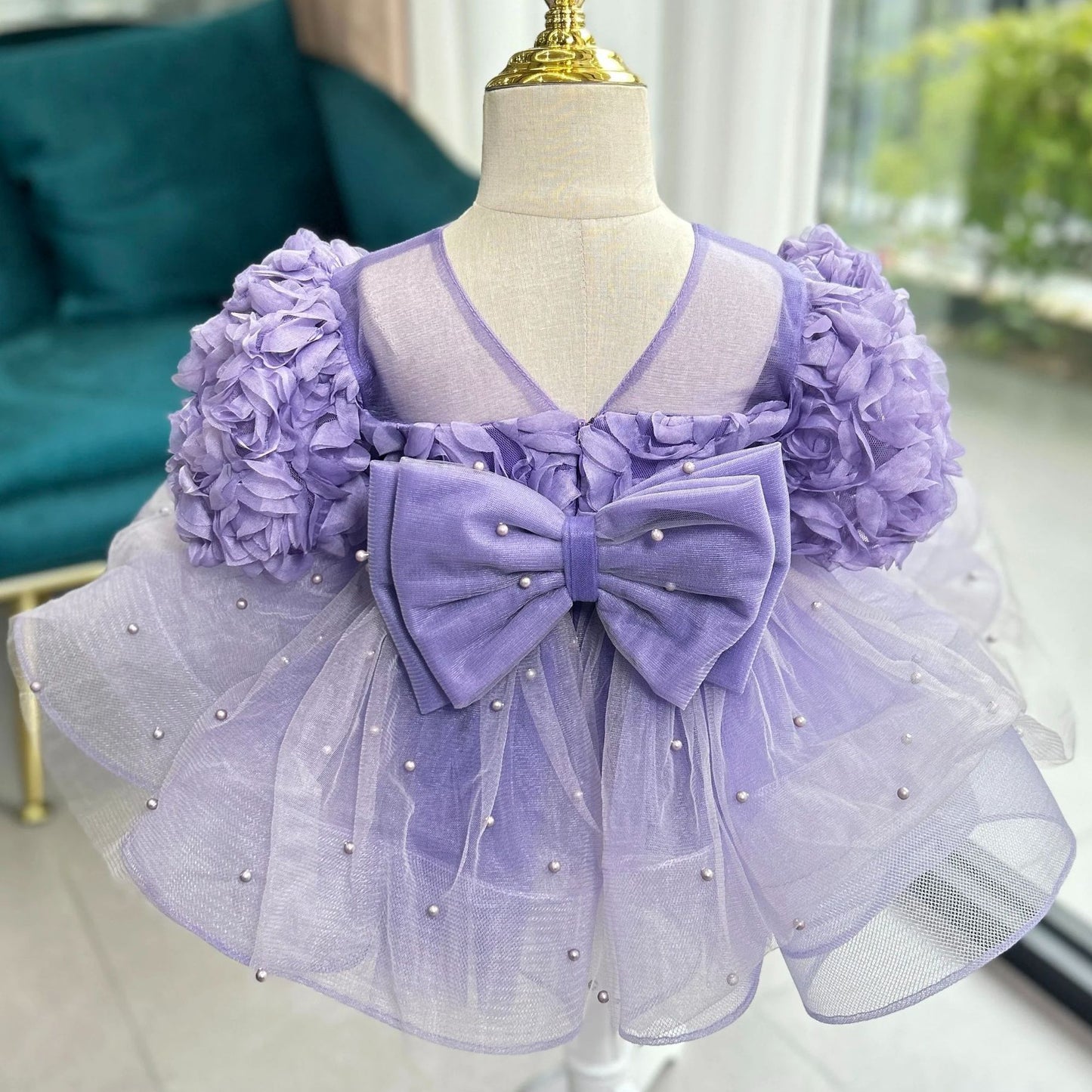 Abito da Cerimonia Bambina – Gonna in Tulle con Perle e Corpetto in Rose 3D