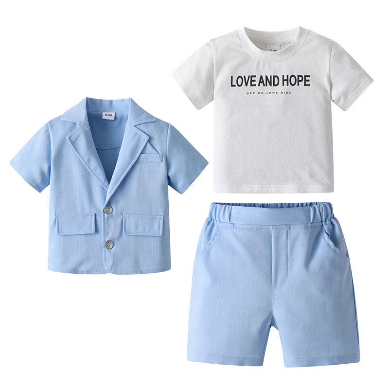 Completo Elegante 3 Pezzi Bimbo T-shirt, Giacca e Shorts Azzurri