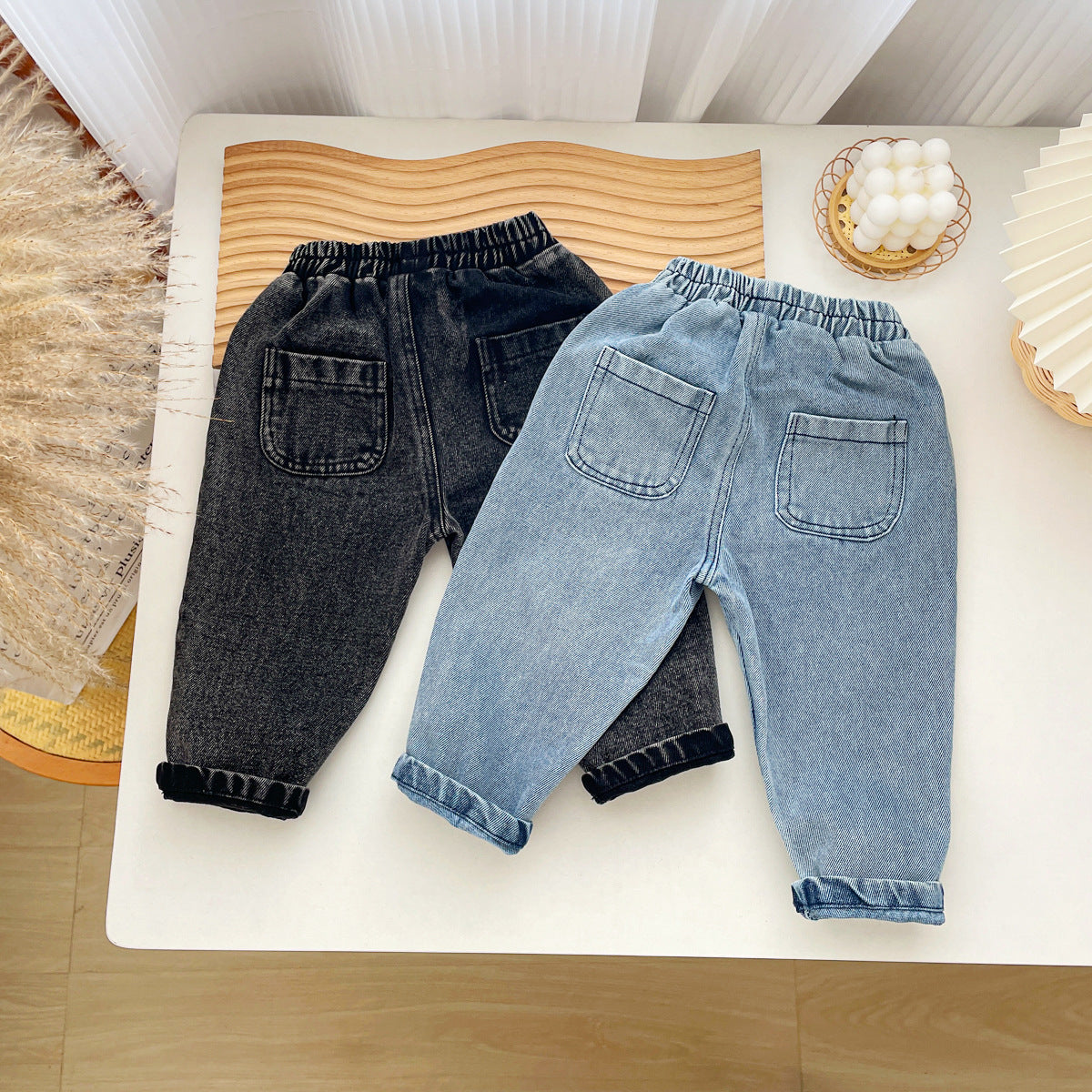 Jeans Bambino a Vita Elasticizzata Azzurro Chiaro e Nero Washed