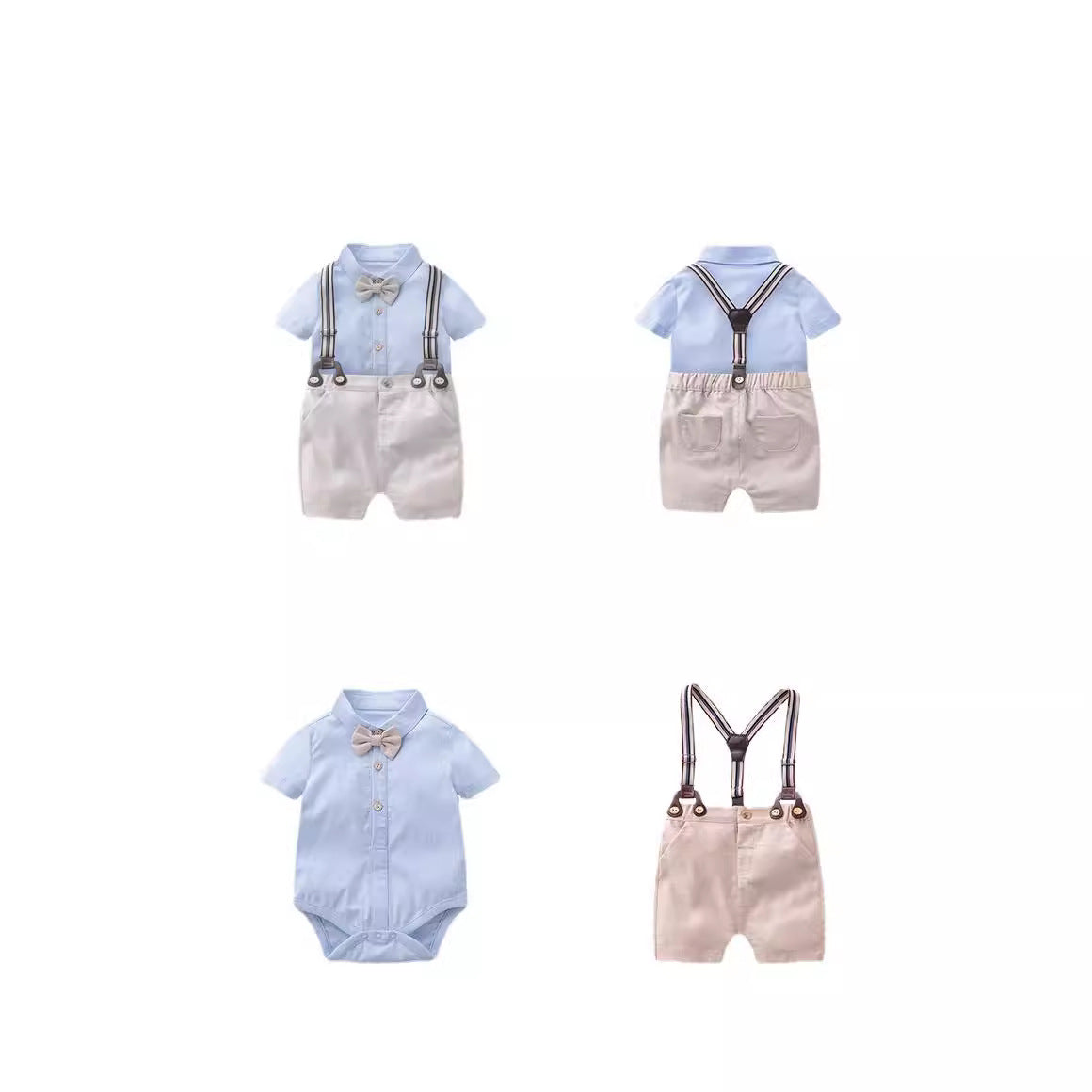 Completo Elegante Neonato 2 Pezzi Camicia con Papillon e Pantaloncini con Bretelle
