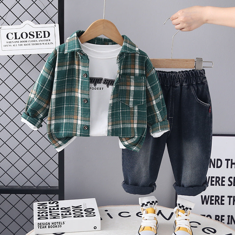 Completo Bimbo "Casual Cool" Camicia a Quadri, T-shirt e Jeans